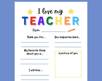 Teacher Thank You Printable, I Love My Teacher, Teacher Appreciation Printable, End of School Teacher Gift, Teacher Questionnaire, Digital