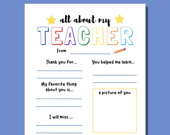 Teacher Thank You Printable: All About My Teacher Questionnaire (PDF)