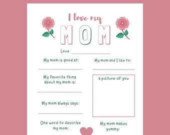 I Love My Mom Printable: Mother's Day Questionnaire (Digital Download)