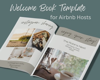 May include: A welcome book template for Airbnb hosts with a natural design. The cover features a photo of a wooden swing set and a plate of cheese and crackers. The inside page shows a photo of a cup of coffee and the text "The Robin's Nest 235 Harper Street Killington, Vermont 39582".