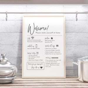 Szablon znaku powitalnego dla gospodarzy Airbnb, zasady domu, wynajem wakacyjny do wydrukowania, szablon VRBO, informacje o wymeldowaniu VRBO, znak hasła Wi-Fi