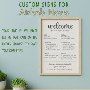 Placa de boas-vindas personalizada para Airbnbs, placa de aluguel de temporada personalizada, regras da casa para impressão, folha de informações de Wi-Fi, placa VRBO personalizada, anfitrião do Airbnb