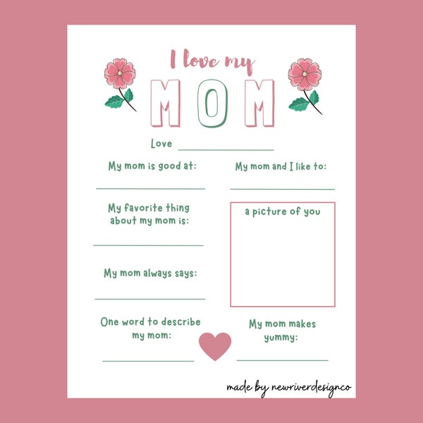 I Love My Mom Printable, Mother's Day Questionnaire, Valentines All About My Mom, Preschool Mother's Day Gift, Elementary School Mom Craft