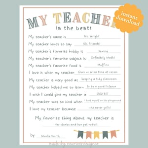 Personal Teacher Appreciation Gift, Printable Teacher Thank You, End of School Gift for Teacher, Fillable Teacher Appreciation Print PDF
