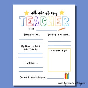 Teacher Thank You Printable, All About My Teacher, Teacher Appreciation Printable, End of School Teacher Gift, Teacher Questionnaire, PDF