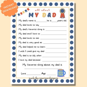 Alles über meinen Vater zum Ausdrucken, Fragebogen zum Vatertag, Vatertag zum Ausdrucken, Geschenk für Papa, Vatertagsgeschenk von Kindern, Papa Geschenk