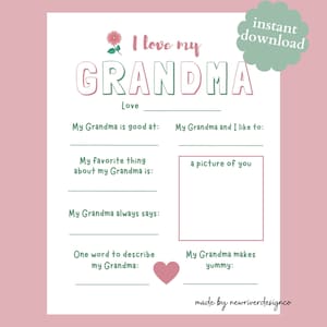 J'aime ma grand-mère à imprimer, questionnaire fête des mères, tout sur ma grand-mère, cadeau fête des grands-parents, école primaire grand-mère imprimable