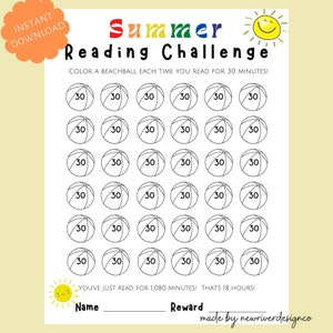 Summer Reading Log: Kid&#39;s Reading Challenge, 30-Minute Tracker (Digital Download)