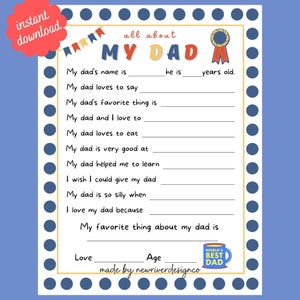 All About My Dad Printable, Father's Day Questionnaire, Father's Day Printable, Daycare Gift for Dad, Father's Day Gift from Kids, Dad Gift