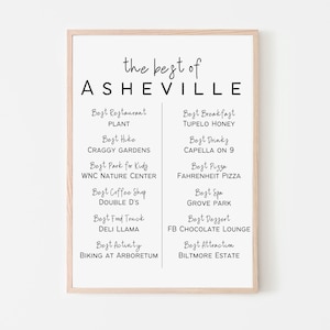 May include: A black and white printable poster with the text "the best of ASHEVILLE" at the top. The poster lists the best places in Asheville for restaurants, hikes, parks, coffee shops, food trucks, activities, breakfast, drinks, pizza, spas, desserts, and attractions.