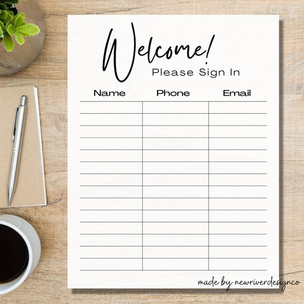 Sign In Sheet, Event Sign Up, Printable Sign In Log, Open House Sign In, Email List, Church Sign in, Visitor Phone List, Visitor Email List