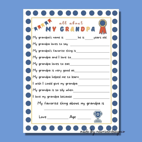 All About My Granddad, I Love My Grandpa Printable, Grandparent's Day Questionnaire, Grandfather Birthday Gift, Grandpa printable gift, PDF