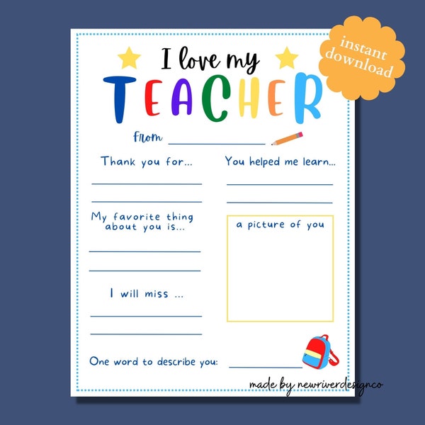 Teacher Thank You Printable, I Love My Teacher, Teacher Appreciation Printable, End of School Teacher Gift, Teacher Questionnaire, Digital