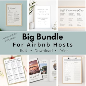 May include: A collection of printable templates for Airbnb hosts, including welcome signs, cleaning checklists, and guest recommendations. The bundle includes templates for editing, downloading, and printing. The text on the image says "Welcome!" and "Big Bundle For Airbnb Hosts".