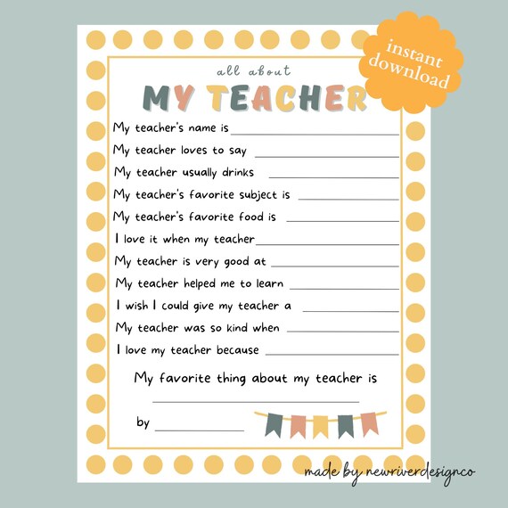 All About My Teacher Printable Teacher Thank You Printable - Etsy