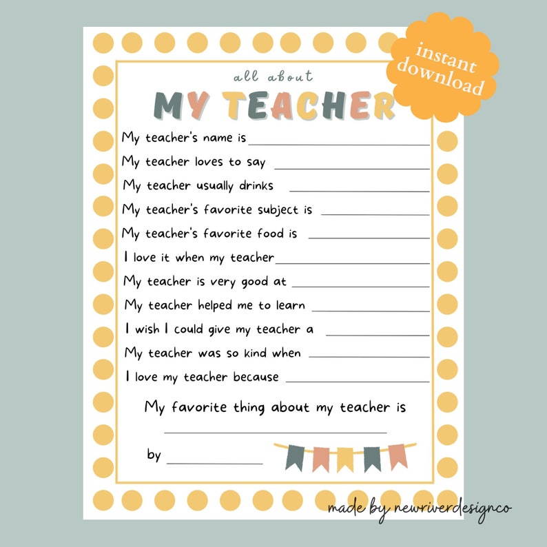 All about my teacher printable teacher thank you printable etsy