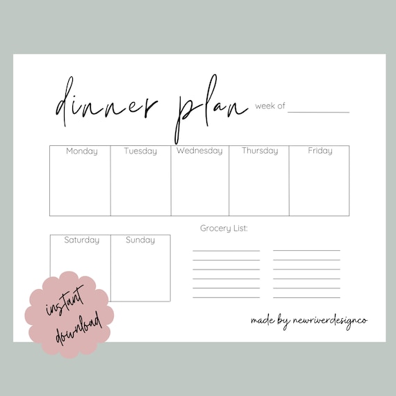 Meal Plan With Grocery List Weekly Menu Printable Weekly | Etsy