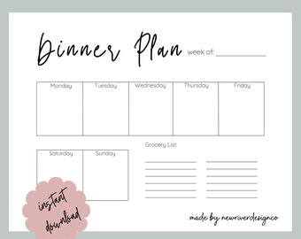 Weekly Meal Planner Template: Minimalist Dinner Plan with Grocery List (PDF)