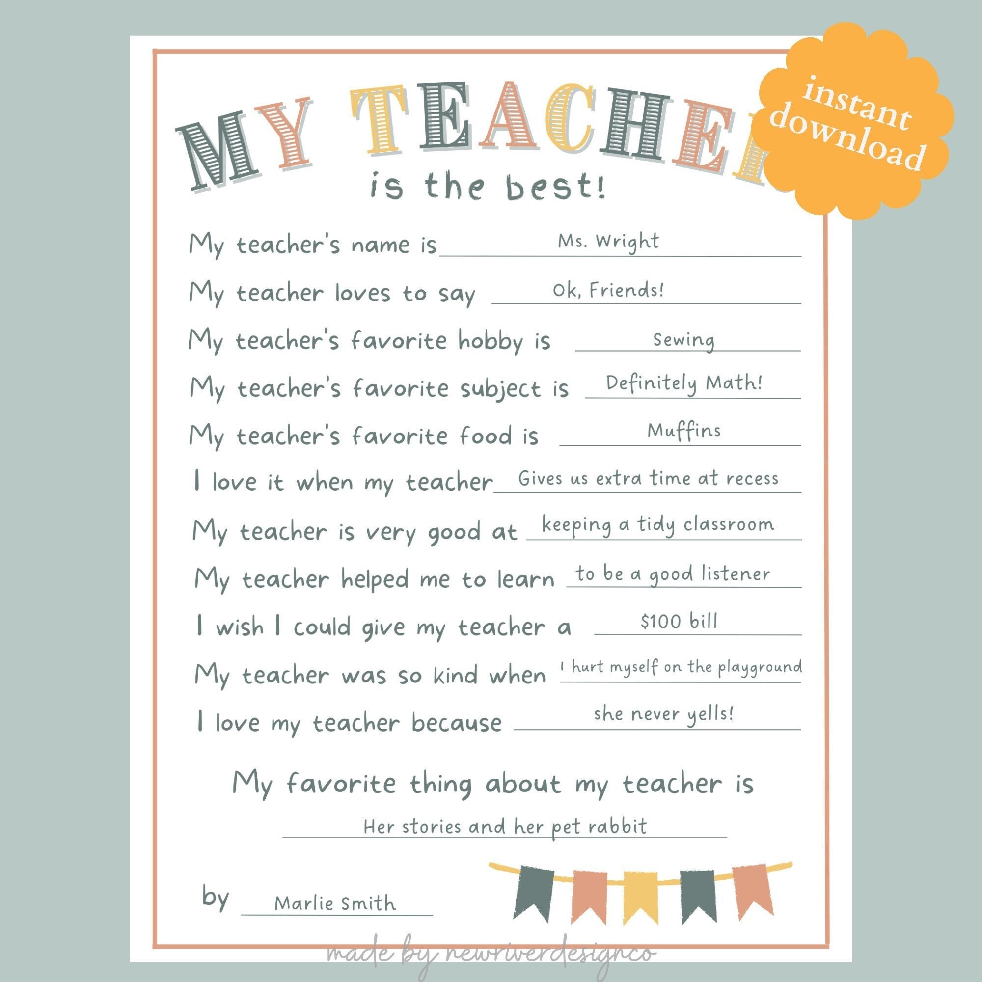 Personalized Teacher Appreciation Fillable Print (PDF)