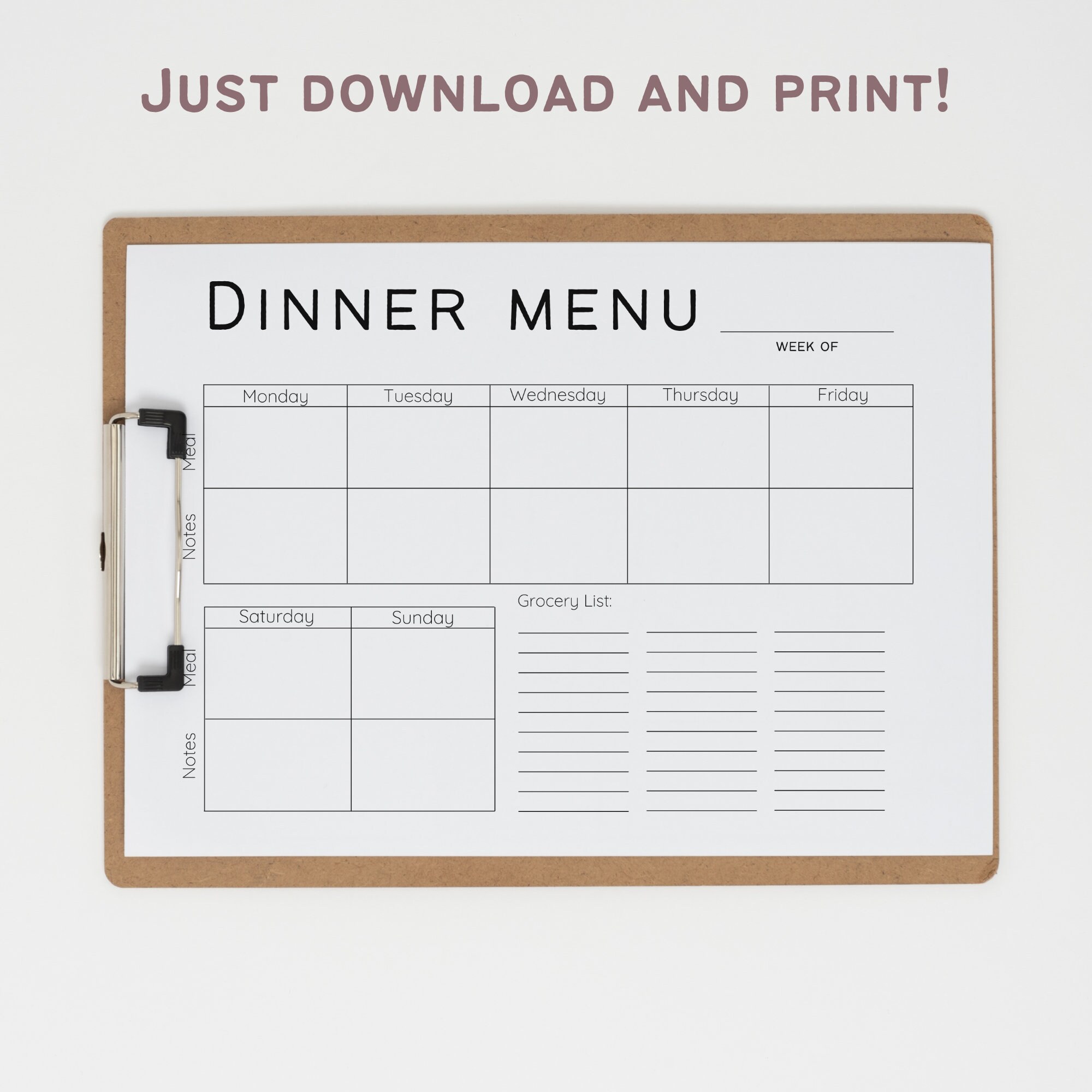Weekly Dinner Menu Planner: Minimalist Meal Plan With Grocery List (PDF ...