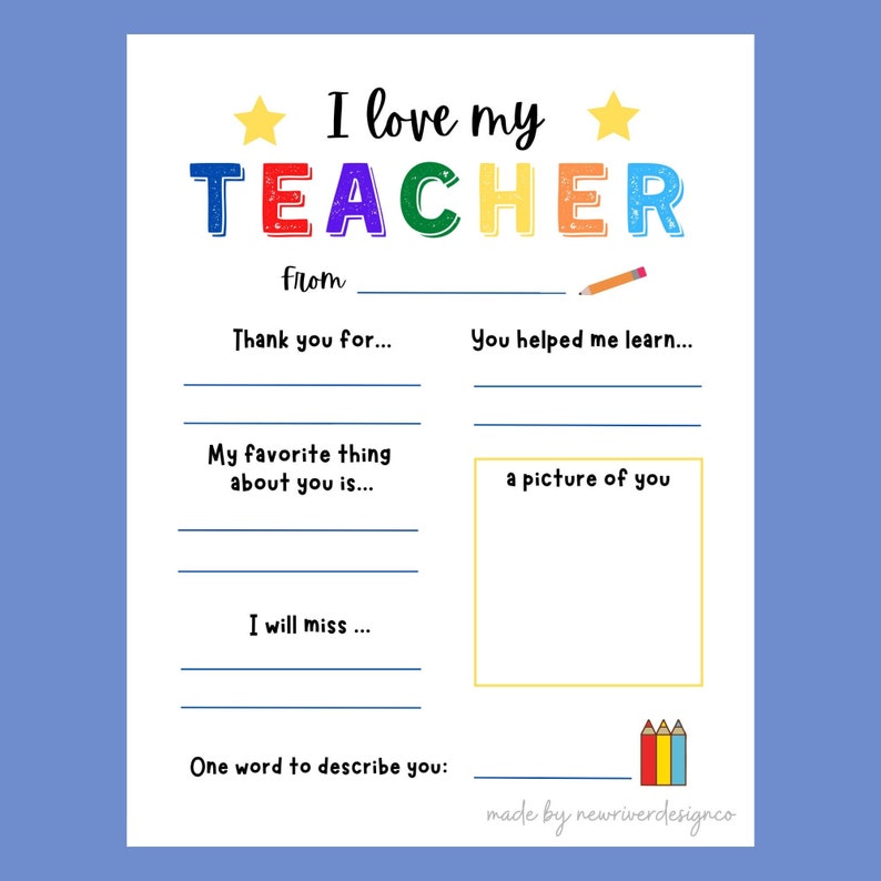 Teacher Thank You Printable, I Love My Teacher, Teacher Appreciation Printable, End of School Teacher Gift, Teacher Questionnaire, Digital image 1