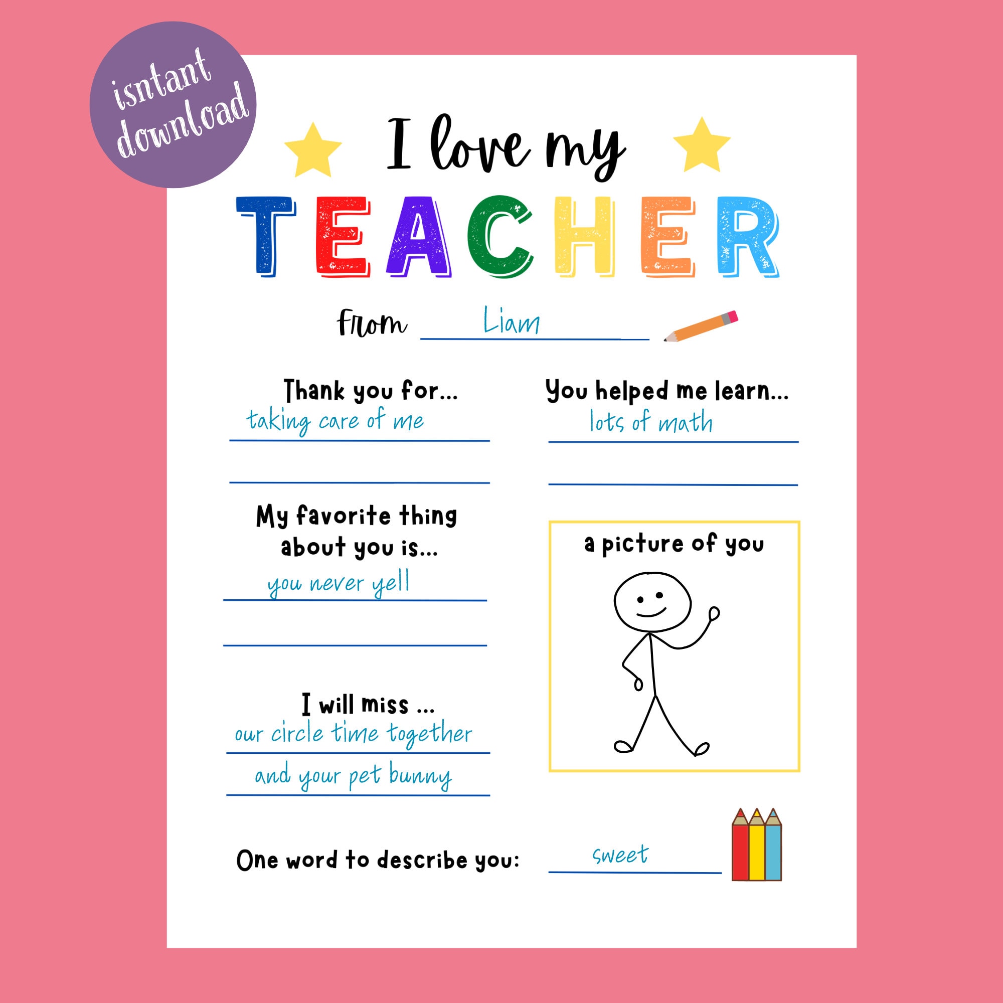 teacher thank you printable, i love my teacher, teacher