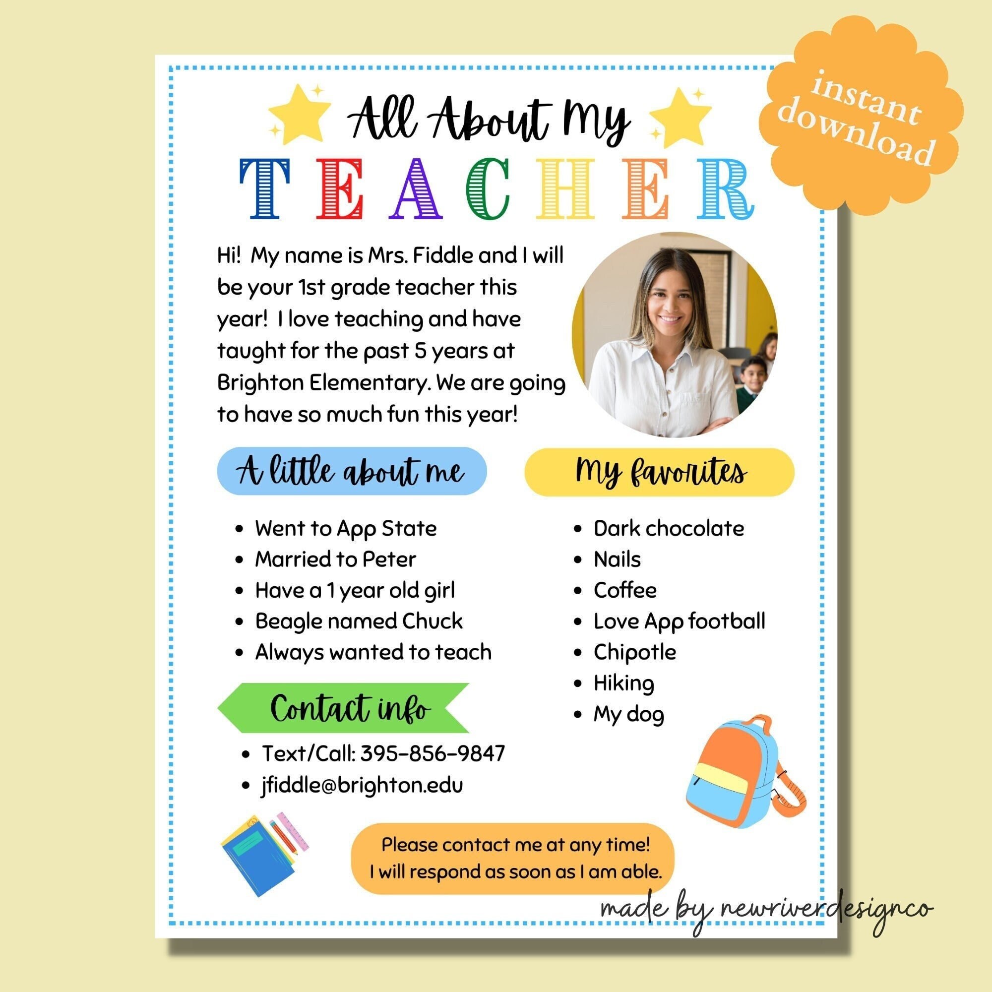 All About My Teacher Template Meet The Teacher Printable Get Etsy 