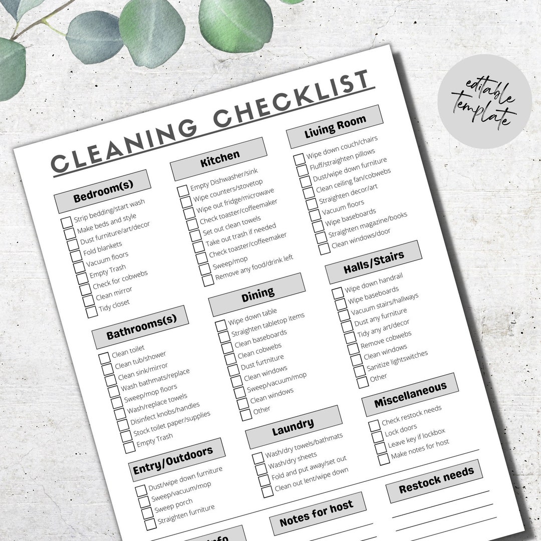 Editable Cleaning Checklist for Airbnb Hosts, Vacation Rental Cleaning ...