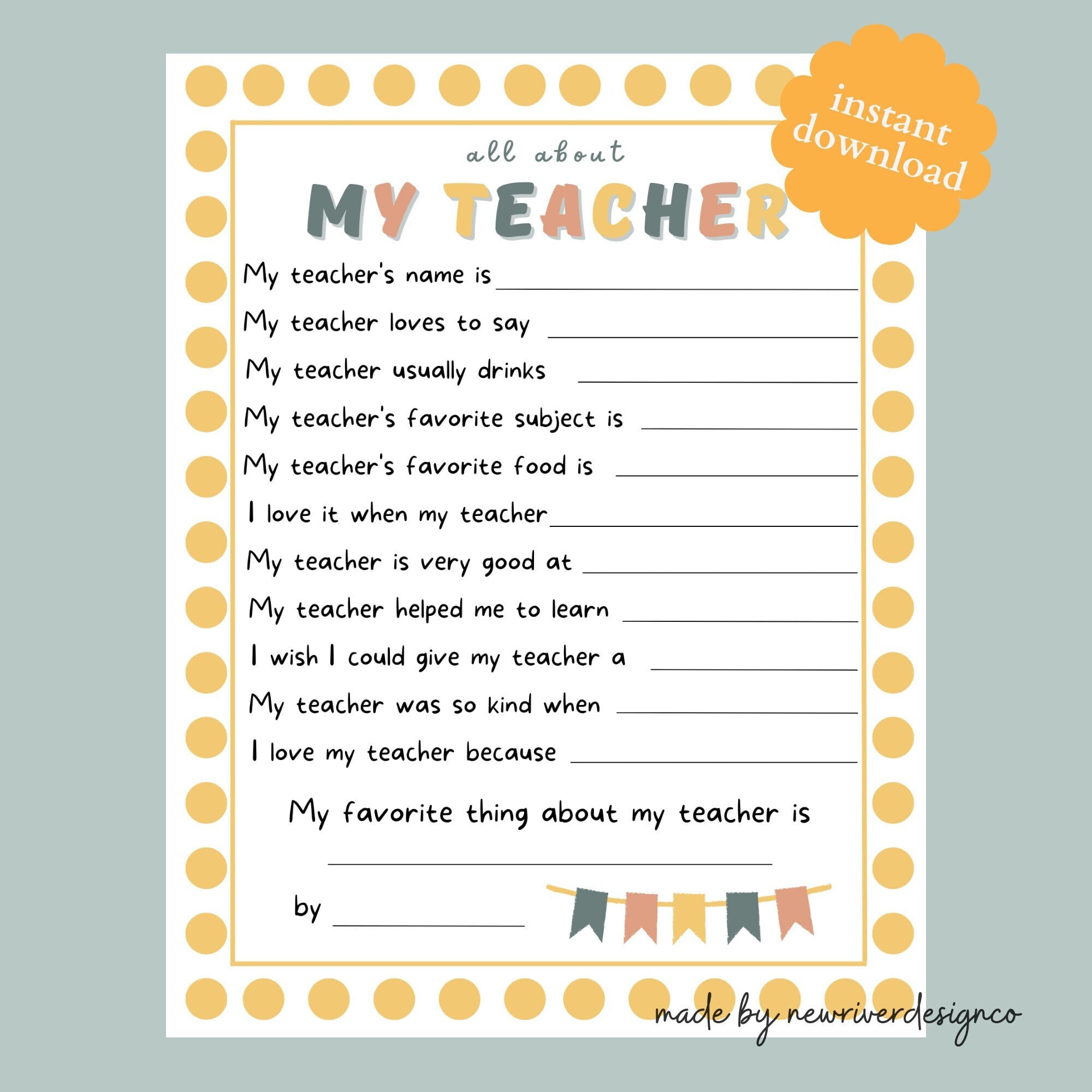 All About My Teacher Printable Teacher Thank You Printable - Etsy