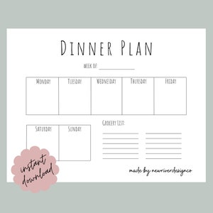 Dinner Plan Printable, Meal Plan Template, Weekly Meal Planner, Minimalist Meal Plan, Weekly Dinner Printable, Meal Plan with Grocery List