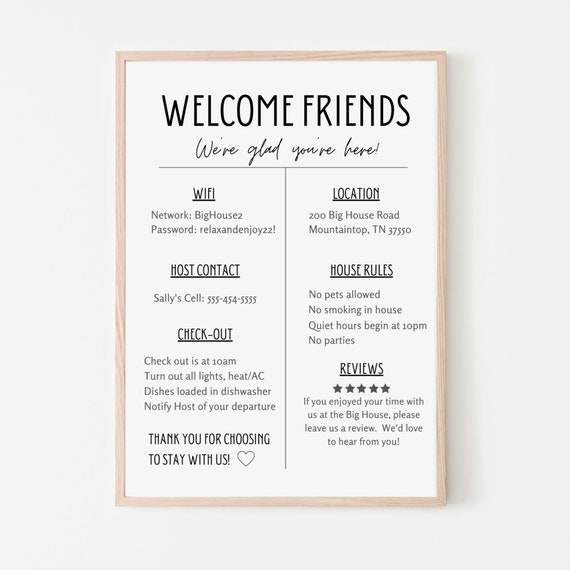 Vacation Rental Welcome Sign: House Rules & Wifi (editable Template)