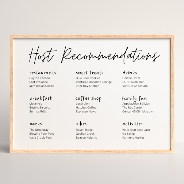 Host Recommendations for Airbnb Guests, Local Recommendations Template, Editable Template, Host Suggestions, Local Guide Sign, VRBO Host