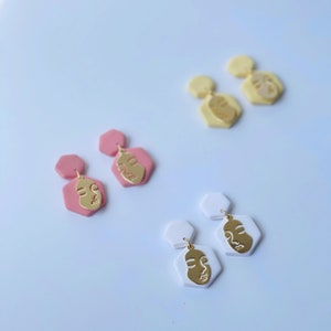 Gold Picasso Face earrings brass geometric gold wink earrings statement earrings/ Polymer Clay Earrings