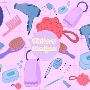 May include: A collection of illustrated bathroom items, including a mirror, hair dryer, comb, toothbrush, soap, loofah, and a towel. The design features a pink grid background and the text "Tinkers Designs" in a circular design.