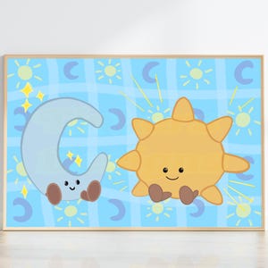 Op Jelly Cat geïnspireerde handgetekende maan en zon pluche print decoratieve muurkunst, kunst uni kamer