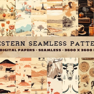 16 Western Seamless Design Bundle, Vintage Western Digital Paper, Cowboy Seamless Design, Cowboy Collage Pages