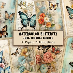 Watercolor Butterfly Junk Journal Pages, Vintage Butterfly Junk Journal Kit, Junk Journal Paper, Digital Collage Sheet, Instant Download