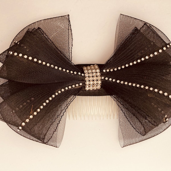 Black Sonni Hair Bow and Comb with Rhinestones