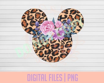 Leopard Print Minnie Mouse Head with Flower Crown DIGITAL DOWNLOAD PNG, sublimation