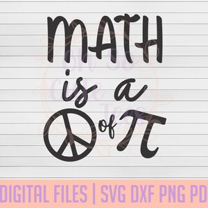 Może przedstawiać: Czarno-biały projekt graficzny z tekstem "Math is a piece of Pi" i symbolem znaku pokoju.