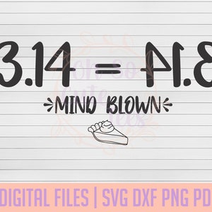 Może przedstawiać: Białe tło z czarnym tekstem "3.14 = PI.E", z "MIND BLOWN" poniżej. Poniżej tekstu narysowany jest kawałek ciasta. Na dole obrazu napisano "DIGITAL FILES | SVG DXF PNG PDF".