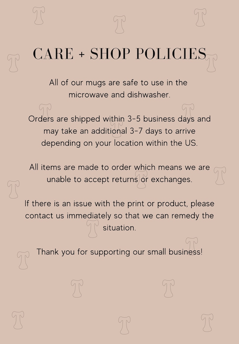 May include: Care and shop policies for mugs. All mugs are safe to use in the microwave and dishwasher. Orders are shipped within 3-5 business days and may take an additional 3-7 days to arrive depending on location within the UK. All items are made to order, so returns or exchanges are not accepted. If there is an issue with the print or product, contact immediately to remedy the situation. Thank you for supporting our small business!