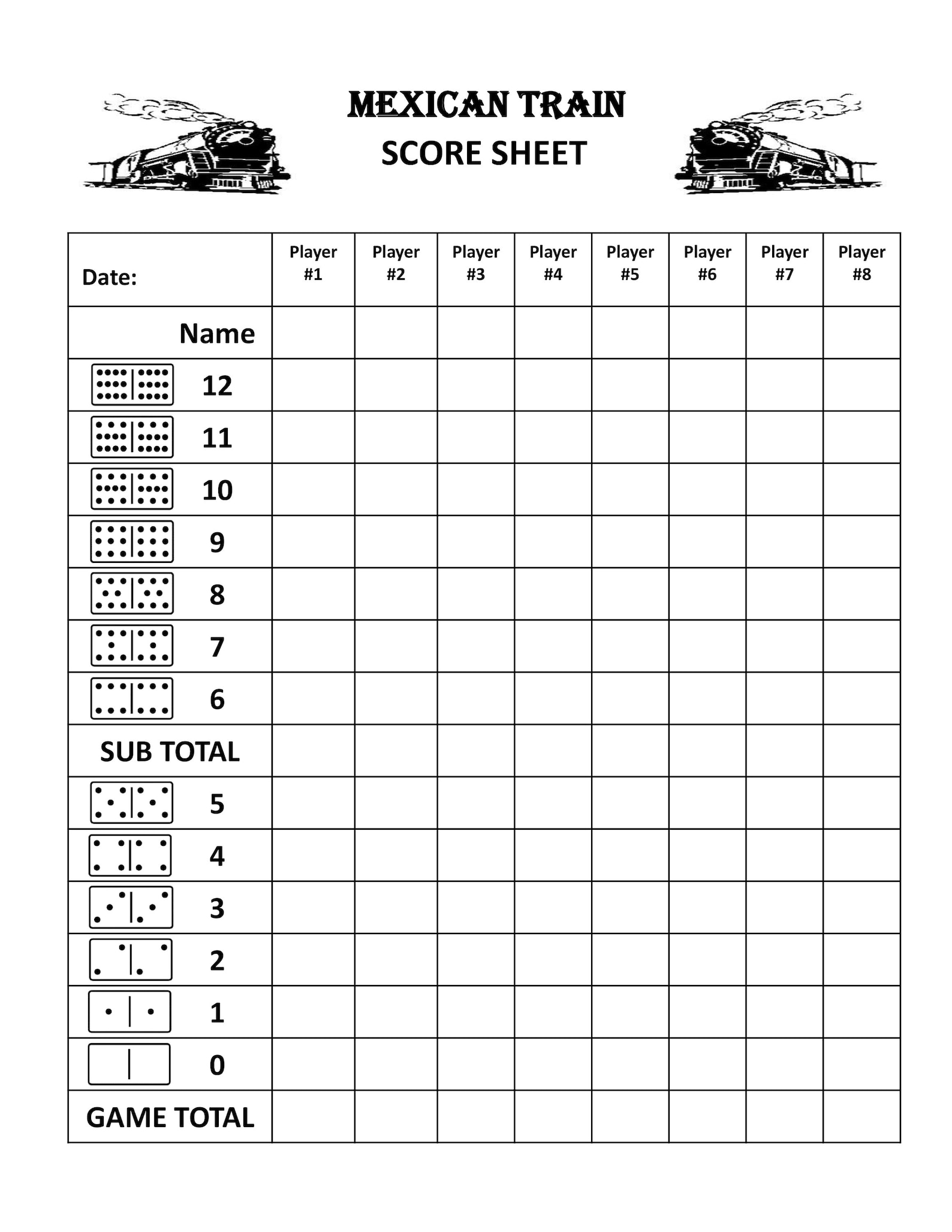 Mexican Train Printable Score Sheet