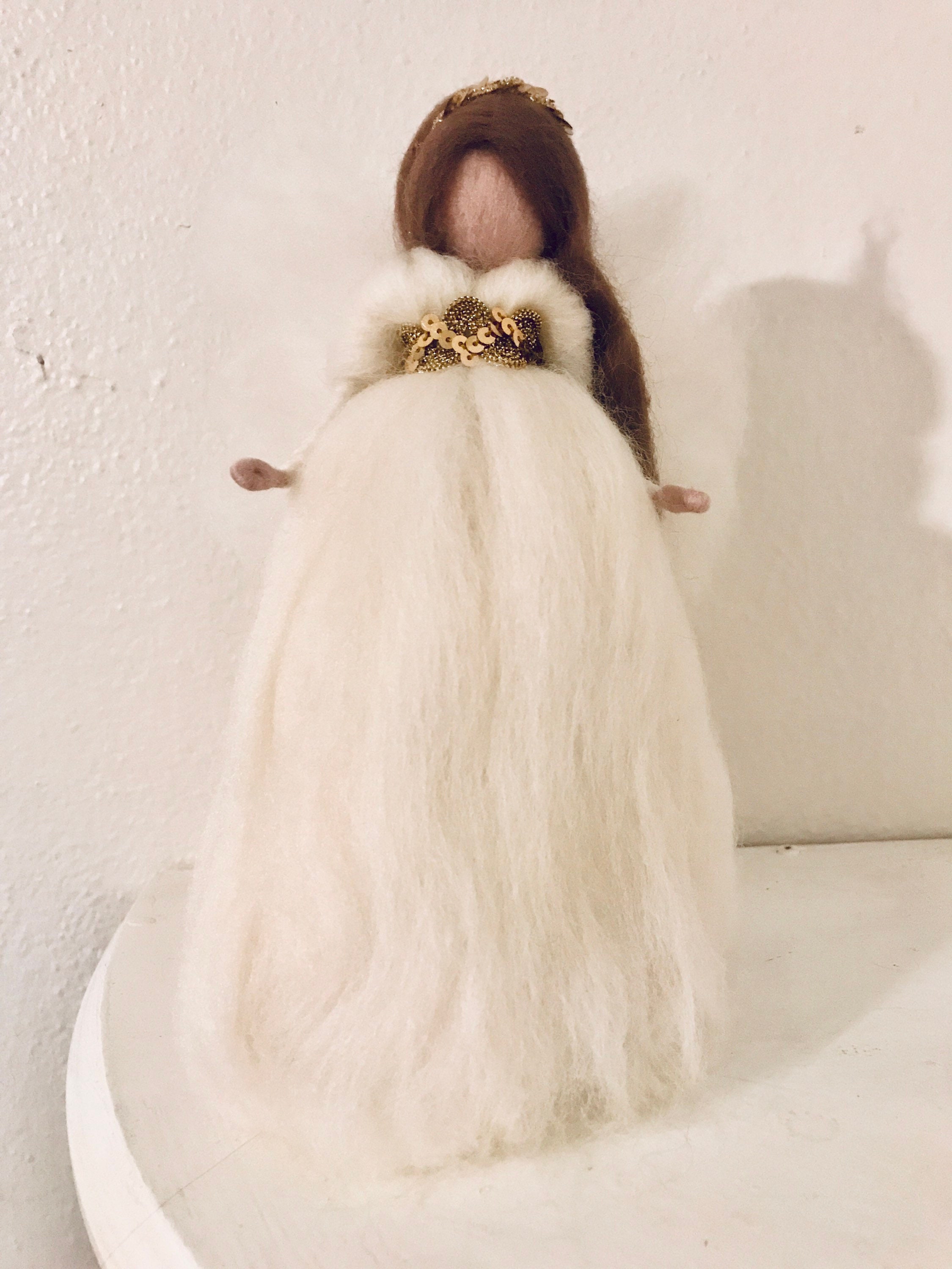 Needle Felt Angel Tree Topper With White and Golden Dress, Christmas