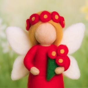 Spring/ Summer Angel Fairy Waldorf inspired. Red Flower Fairy – Needle Felted Wool Doll with Blonde Hair – Waldorf Nature Table Decoration