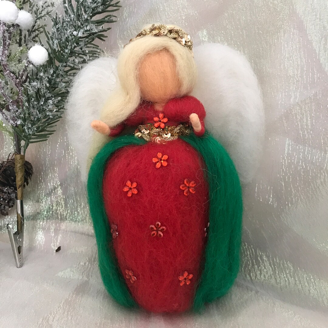 Little Wool Angel Tree Topper With Red and Green Dress. Etsy
