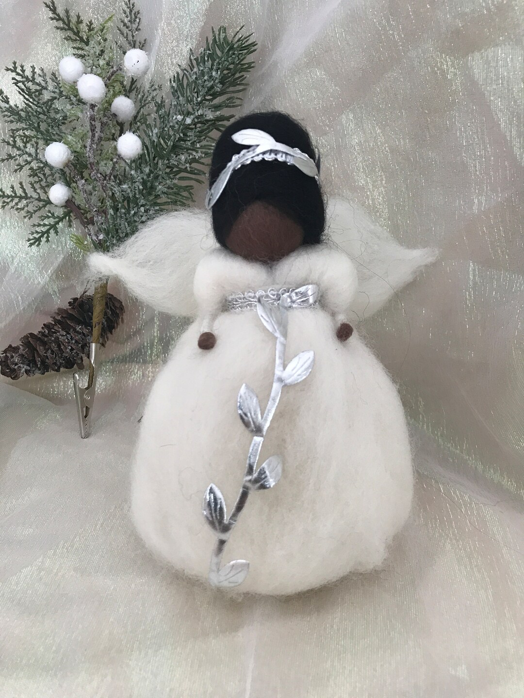African American Angel Tree Topper in Wool With White and Silver Dress