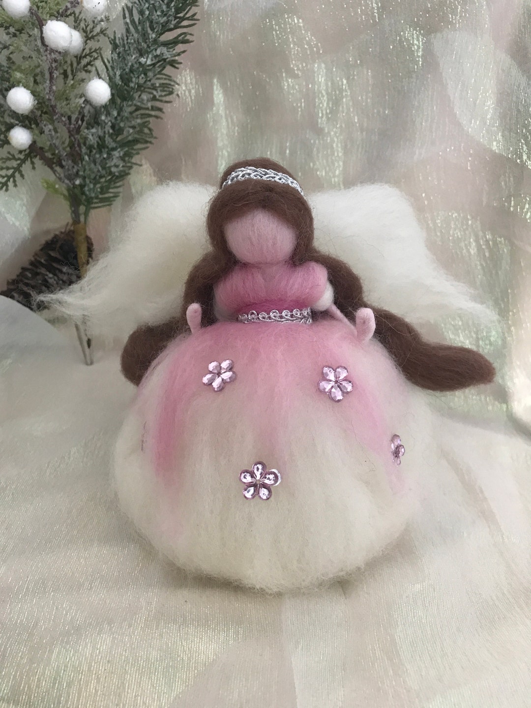 Needle Felt Angel Tree Topper With White and Golden Dress, Christmas