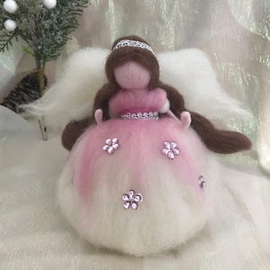 Handcrafted Pink and White Angel Tree Topper | Needle Felted Wool | Angel Decoration with Silver Trim & Beaded Flowers