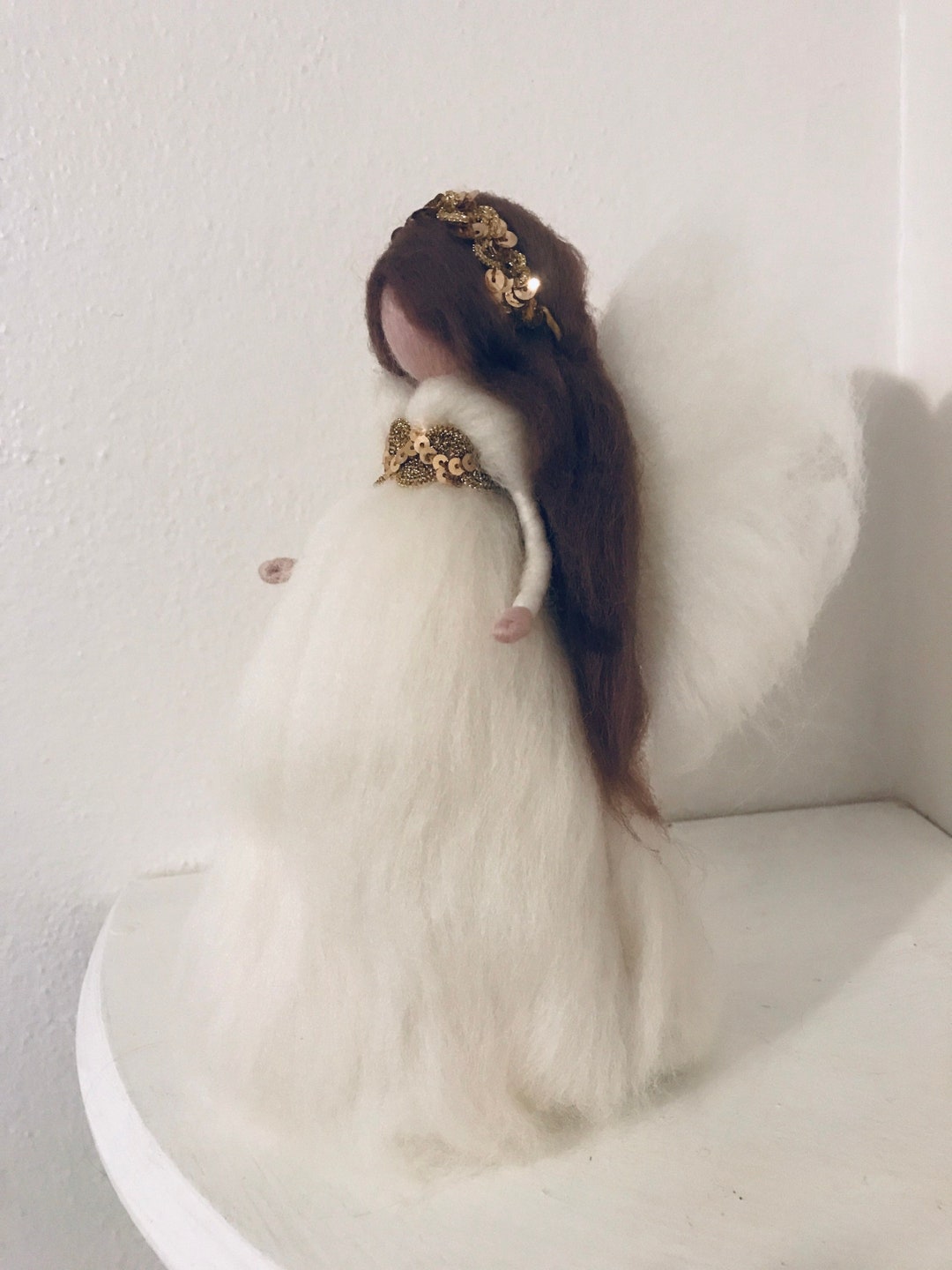 Needle Felt Angel Tree Topper With White and Golden Dress, Christmas